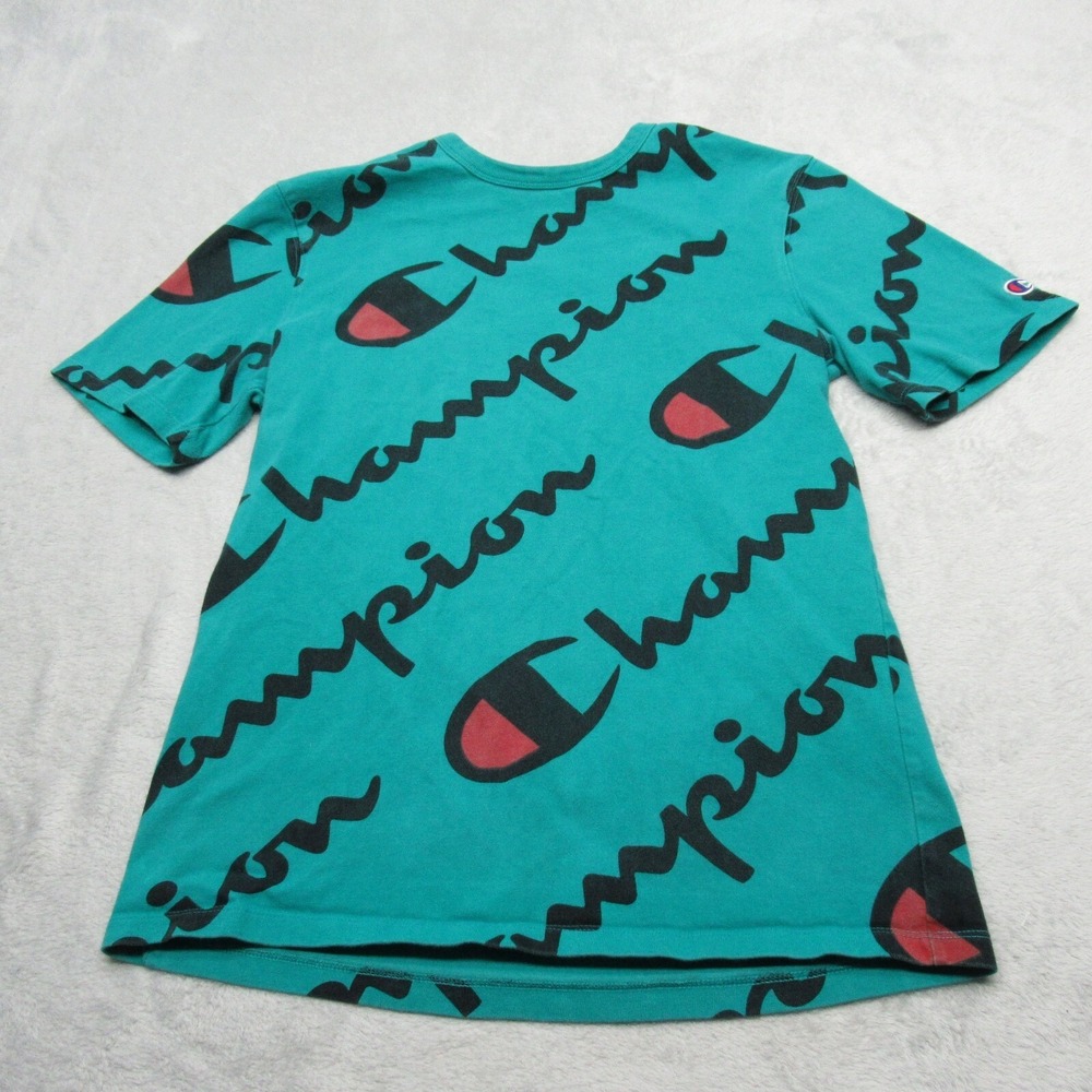 Champion Heritage Shirt Women Small Sea Green All Over Print Logo Graphic Tee